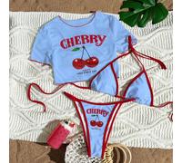 Bikini da donna a 3 pezzi con stampa a lettere e ciliegie, con laccetti alle spalle e slip perizoma, più una camicia copri-costume in rete trasparente, completo estivo da spiaggia per donne L,M,S,XL,X