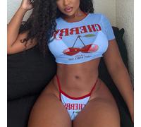 Bikini da donna a 3 pezzi con stampa a lettere e ciliegie, con laccetti alle spalle e slip perizoma, più una camicia copri-costume in rete trasparente, completo estivo da spiaggia per donne L,M,S,XLTe
