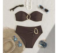 Bikini da donna a due pezzi con collo all'americana, colore unito, con accessorio metallico al centro, adatto per vacanze sull'isola L,M,S,XLTessuto