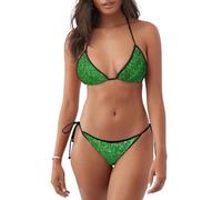 Bikini da Donna a Due Pezzi con Stampa di Paillettes Verdi Scintillanti, Bikini a Triangolo da Donna, Costume da Bagno Sexy a Due Pezzi con Allacciatura al Collo.