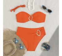 Bikini da donna a due pezzi di colore unito con petto piatto e accessorio metallico al centro, adatto per vacanze sull'isola L,M,S,XLColore unicoTessuto