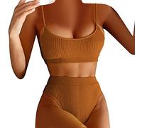 Bikini da donna a vita alta, per controllo della pancia, a coste, in due pezzi, brasiliano, push up, costume da bagno I*, Caffè A2., S