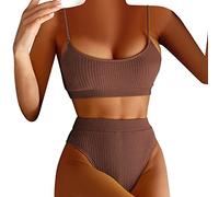 Bikini da donna a vita alta, per controllo della pancia, a coste, in due pezzi, brasiliano, push up, costume da bagno I*, A2-marrone., L