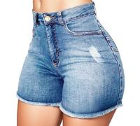Bikini da donna, a vita alta, rotto, pantaloni da donna, in denim, sottili, a quadretti, Azzurro, L