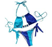 Bikini da donna con cristalli sexy patchwork, costume da bagno in due pezzi, Celeste., L