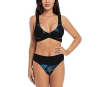 Bikini da donna con mappa del mondo, bikini a triangolo, gamba alta, due pezzi, costume da bagno da spiaggia, Nero , 52