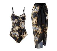 Bikini da donna, costume intero da bagno con volant a V, scollo a V, slip imbottito, monokini e gonne lunghe, set elegante, O nero., M