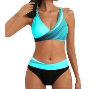 Bikini da donna, crossover a V, scollo a V, set bikini push up, triangolo, fascia larga sotto il seno a costine, costume da bagno in due pezzi, azzurro, 14