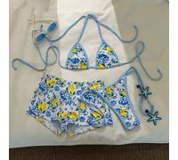 Bikini da donna elegante e retrò in stile boho, 3 in 1, colore blu vibrante e bianco con stampa a limone e maiolica, top a triangolo, slip sexy, pantaloncini vita alta, design convertibile multi-indos