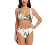 Bikini da donna incrociato a due pezzi con stampa Torre Eiffel, costume da bagno con imbottiture rimovibili, costume da bagno in spiaggia piscina vacanza, Nero , XXL