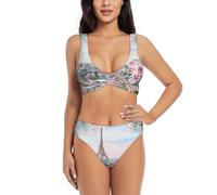Bikini da donna incrociato due pezzi Torre Eiffel Parigi con stampa floreale costume da bagno con imbottitura rimovibile costume da bagno spiaggia piscina vacanza, Nero , XXL