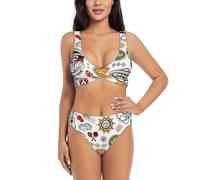 Bikini da donna incrociato in due pezzi con stampa di simboli della salsa messicana, costume da bagno con imbottiture rimovibili, costume da bagno in spiaggia in piscina per vacanze, Nero , XXL