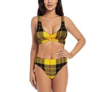 Bikini da donna incrociato in due pezzi giallo grigio nero stampa plaid costume da bagno con imbottitura rimovibile costume da bagno spiaggia piscina vacanza, Nero , XXL