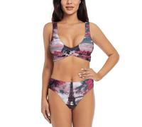 Bikini da donna incrociato in due pezzi rosa paesaggio Torre Eiffel stampa bikini con imbottitura rimovibile costume da bagno spiaggia piscina vacanza, Nero , XXL