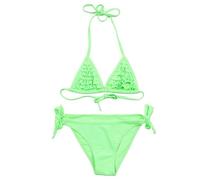 Bikini da ragazza verde lime effetto uncinetto, top all'americana e slip | Top a triangolo verde brillante e slip abbinati con cravatta laterale con una trama traforata; è indicata la composizione in