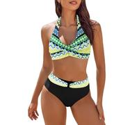 Bikini Dimagrante Costumi da Bagno Due Pezzi per Le Donne a Vita Alta Blocchi di Colore Set Bikini Frontale Jersey Pallamano, giallo, XXL