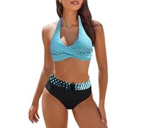 Bikini Dimagrante Costumi da Bagno Due Pezzi per Le Donne a Vita Alta Blocchi di Colore Set Bikini Frontale Jersey Pallamano, Verde menta, L