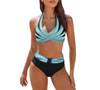 Bikini Dimagrante Costumi da Bagno Due Pezzi per Le Donne a Vita Alta Blocchi di Colore Set Bikini Frontale Jersey Pallamano, Azzurro, 5X-Large