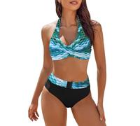 Bikini Dimagrante Costumi da Bagno Due Pezzi per Le Donne a Vita Alta Blocchi di Colore Set Bikini Frontale Jersey Pallamano, verde, S