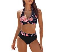 Bikini Dimagrante Costumi da Bagno Due Pezzi per Le Donne a Vita Alta Blocchi di Colore Set Bikini Frontale Jersey Pallamano, rosso, M
