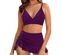 Bikini Donna Due Pezzi con Gonna da Bagno, Top Scollo a V, Slip Vita Alta con Coulisse Laterale e Volant, Costume Mare Spiaggia Piscina Terme in Vacanza