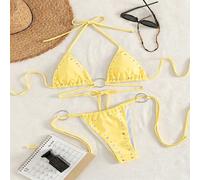 Bikini estivo alla moda di colore unito con decorazione in strass lucidi e paillettes, schiena scoperta, lacci laterali, costume da bagno a triangolo sexy, giallo, casual, hot-selling, per vacanze al