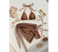 Bikini Marrone Con Rete E Conchiglie E Pareo Abbinato Modello Perizoma CF50112