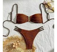 Bikini Marrone Ruggine Plissé Con Slip A Fasce Laterali E Fibbia Oro 2F2D