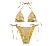 Bikini metallico da donna, 2 pezzi, sexy, a triangolo, con perizoma ad alta pressione, con perizoma e allacciatura al collo, costume da bagno, Cravatta d'oro, L