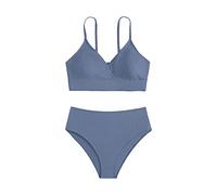 Bikini per adolescenti e ragazze, costume da bagno per bambini, 2 pezzi, con spalline regolabili, in tessuto a costine, top a triangolo e bikini a vita alta, costume da bagno estivo, tinta unita