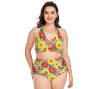 Bikini per Plus Size Donne Regolabile Acquerello Rosa Rossa Farfalla Floreale Costume Da Bagno Halter Top Vita Alta 2, Acquerello Rosso Rosa Farfalla Flore, L