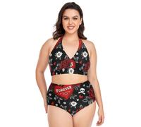 Bikini Plus Size Regolabile Teschio Rosso Cuori Rose Bikini Halter Top Pancia Controllo Costume Da Bagno 2 Pezzi, Teschio Rosso Cuori Rosa, XX-Large