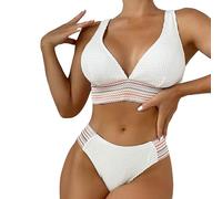 Bikini push up da donna con nastro a righe a V profondo due pezzi costume da bagno coppe imbottite Halter collo cravatta pantaloni laterali cinghie regolabili abbigliamento da spiaggia, 04#_bianco, XL