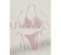 Bikini Rosso Chiaro Con Micro Fantasia E Tanga Regolabile A V Sexy - 1D910