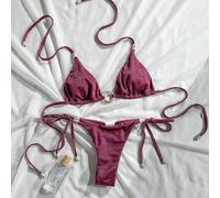 Bikini rosso da donna a due pezzi con anello al collo e lacci ai lati, realizzato in tessuto tinta unita L,M,S,XSColore unicoTessuto