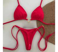 Bikini Rosso Micro Perizoma Sexy Con Cuoricini Oro Look Da Mare 51463