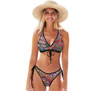 Bikini sexy a triangolo, da donna, con balena da sogno, con laccetto frontale viola, top regolabile a forma di cuore e fondo sfacciato, Campo floreale colorato, L