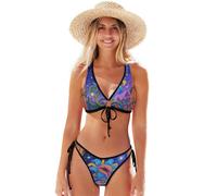 Bikini sexy a triangolo, da donna, vintage, nero e verde, con laccetto frontale regolabile, a forma di cuore, fondo sfacciato, Fiore Vintage Blu, L