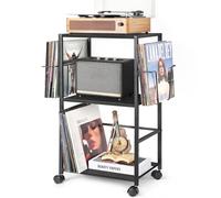 Bikoney Mobile Giradischi con 2 Espositori per Vinili e Tavolino Laterale - Supporto per Giradischi e Contenitore per Fino a 150 Dischi in Vinile per Soggiorno o Camera da Letto - Nero