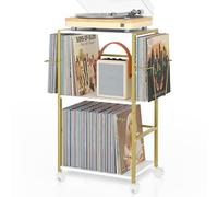 Bikoney Mobile Giradischi con 2 Espositori per Vinili e Tavolino Laterale - Supporto per Giradischi e Contenitore per Fino a 150 Dischi in Vinile per Soggiorno o Camera da Letto - Dorata