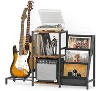 Bikoney Supporto Giradischi Vinili, Supporto Chitarra per Acustica, Elettrica e Basso con Supporto Amplificatore, Supporto Giradischi a 3 Livelli Fino a 200 Album, Tavolo Giradischi per Altoparlante