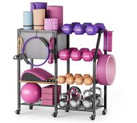 Bikoney Supporto Manubri con Porta Tappetino Yoga - Rastrelliera Pesi Regolabile per Home Gym, Porta Bilanciere con Ripiani per Dischi, Organizer Fitness per Rullo in Schiuma, Blocchi Yoga e Manubri
