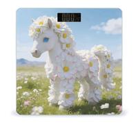 Bilancia da bagno a forma di pony con fiore bianco, con accensione e spegnimento automatico, display LCD retroilluminato, bilancia digitale quadrata con angoli arrotondati, bilancia da bagno per la