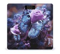 Bilancia da bagno con rosa viola con bella farfalla su di esso, bilancia digitale altamente precisa, antiscivolo, display LCD, bilancia da bagno robusta in vetro temperato, bilancia intelligente con