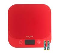 Bilancia da Cucina Digitale Salter British Bakes - Alta Capacità 10kg, Misura Liquidi, Impermeabile, Funzione Tara, Piattaforma in Vetro, Precisione di 1g, Display Retroilluminato, Rosso