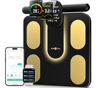 Bilancia pesapersone digitale Runstar, Bilancia smart 8 elettrodi peso corporeo e grasso, BMI, massa muscolare, 28 misurazioni composizione corporea, LCD TFT a colori con maniglia retrattile