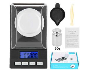 Bilancia Precisione 0,001g, Bilancia di Precisione Digitale Tascabile 50g/0,001g, Bilancia per Gioielli, con Pesi di Calibrazione e Pinzette per Laboratorio, Cucina, 15,5 × 8 × 2 cm