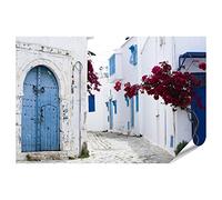 bilderfelix Poster Porte blu, finestre, muro bianco, edificio Sidi Bou Said, Tunisia - Poster 130x90 cm