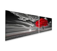 bilderfelix Quadro su tela Albero rosso su una spiaggia illuminata dalla luna in bianco e nero - Tela 160x40 cm - 2 pannelli