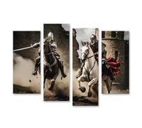 bilderfelix Quadro su tela Due cavalieri a cavallo assaltano il castello, i guerrieri medievali combattono tra loro - Tela 130x80 cm - 4 pannelli